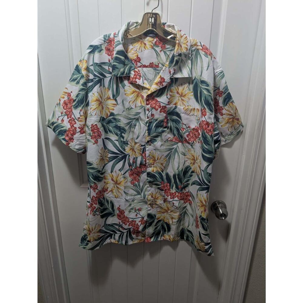 BOHIO Mens XXL Tropical Floral Aloha Yellow Hibiscus Hawaiian Short Sleeve Shirt